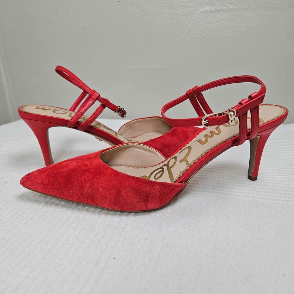 Sam Edelman Javin Suede Ankle Strap Pumps Sz 8.5 Red Pointed‎ Toe